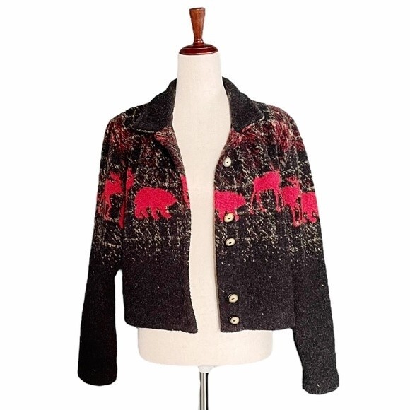 County Clothing Co Sherpa Fleece Cropped Jacket Boho Western Moose Size Medium - Picture 2 of 10